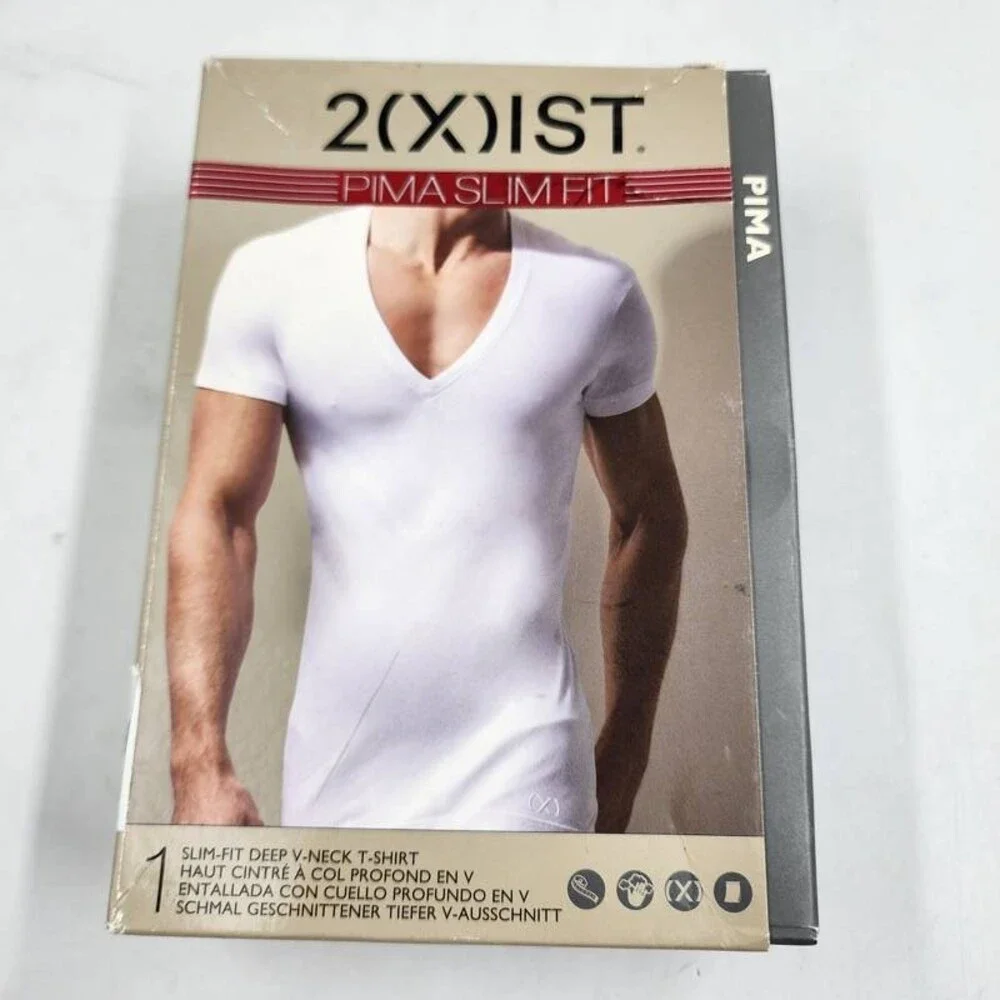 2(X)IST Pima Cotton Slim Fit Deep V-Neck Undershirt Men's M White Short Sleeve